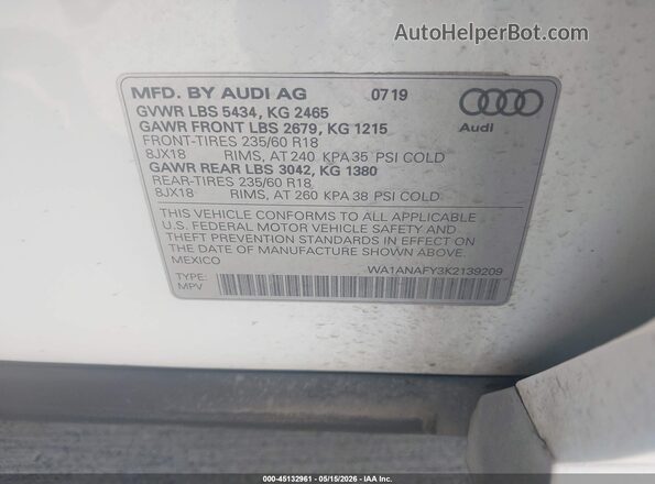 WA1ANAFY3K2139209 2019 AUDI Q5 White Вид підкапотного простору