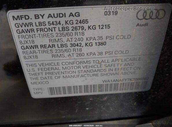 WA1ANAFY7K2086983 2019 AUDI Q5 Black Engine compartment view