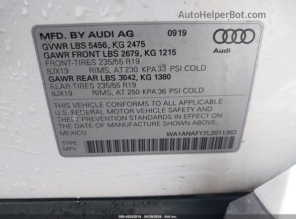 WA1ANAFY7L2011363 2020 AUDI Q5 White Engine compartment view