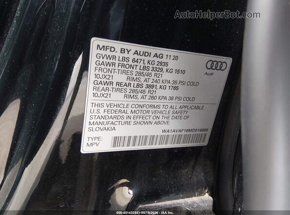 WA1AVAF16MD016899 2021 AUDI Q8 Black 
