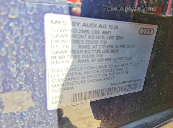 WA1AVBF79TD004903 2026 AUDI Q7 Blue Vista de la etiqueta del VIN