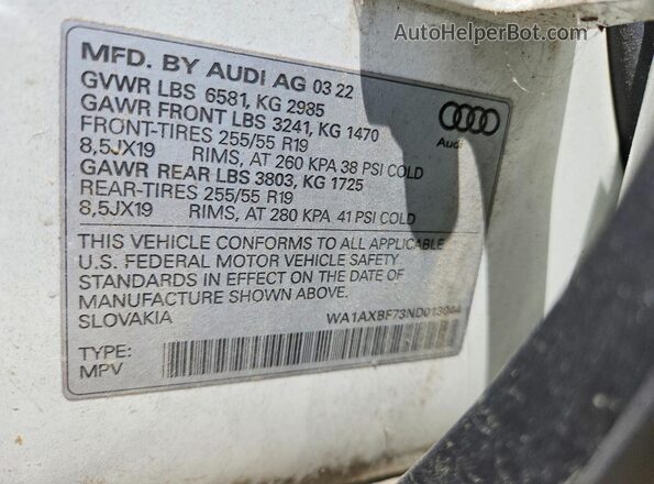 WA1AXBF73ND013044 2022 AUDI Q7 White VIN კოდის სტიკერის ხედი