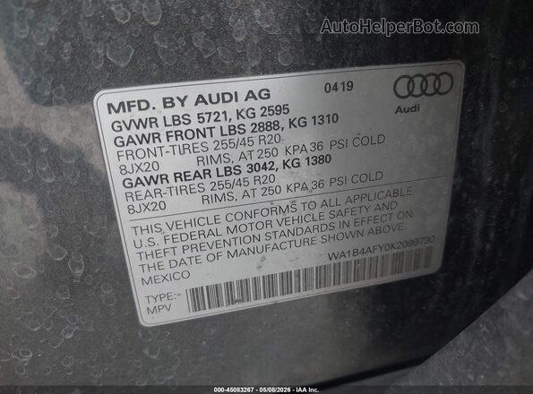 WA1B4AFY0K2099730 2019 AUDI SQ5 Gray 