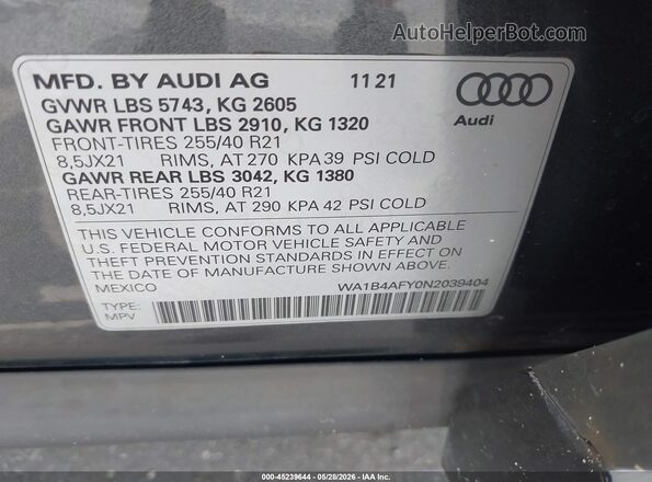WA1B4AFY0N2039404 2022 AUDI SQ5 Gray ძრავის განყოფილების ხედი