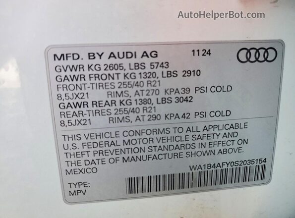 WA1B4AFY0S2035154 2025 AUDI SQ5 Белый Панорамный вид салона 360°