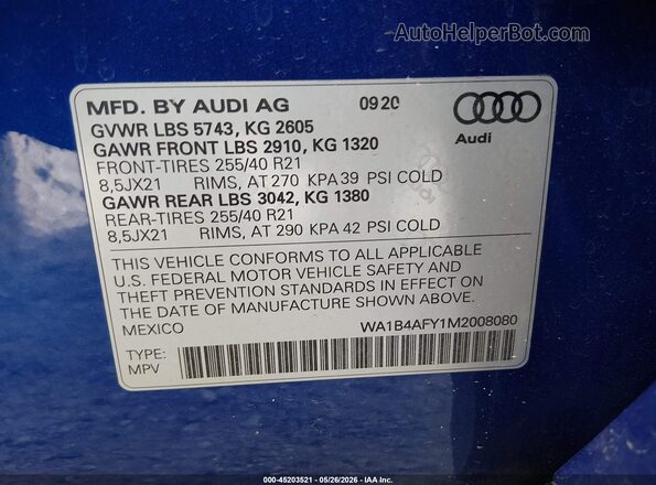 WA1B4AFY1M2008080 2021 AUDI SQ5 Blue Engine compartment view