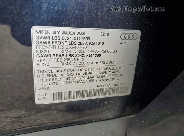 WA1B4AFY4K2074510 2019 AUDI SQ5 White Вид наклейки з VIN-кодом