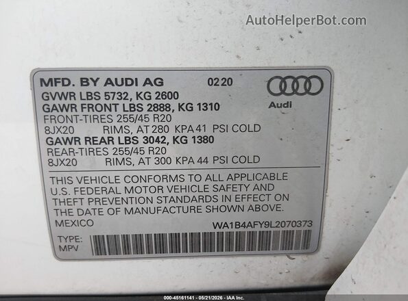 WA1B4AFY9L2070373 2020 AUDI SQ5 White ძრავის განყოფილების ხედი