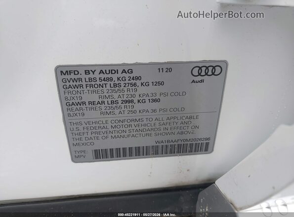 WA1BAAFY0M2026286 2021 AUDI Q5 White ძრავის განყოფილების ხედი