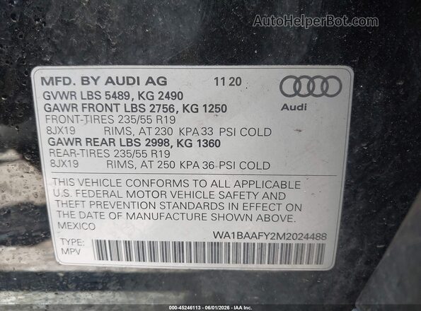 WA1BAAFY2M2024488 2021 AUDI Q5 Black Vista del compartimento del motor