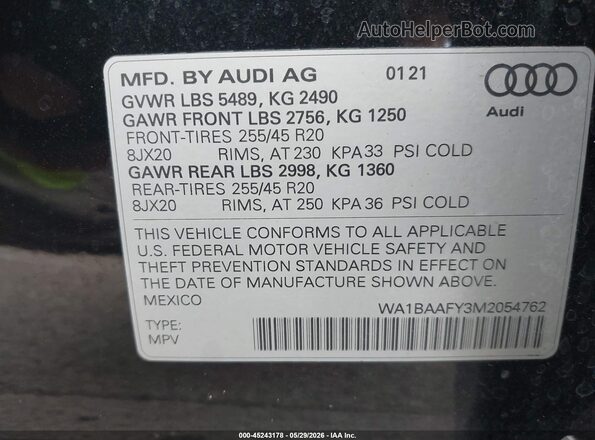 WA1BAAFY3M2054762 2021 AUDI Q5 Black Engine compartment view