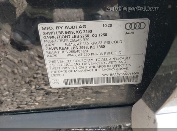 WA1BAAFY5M2011668 2021 AUDI Q5 Black 