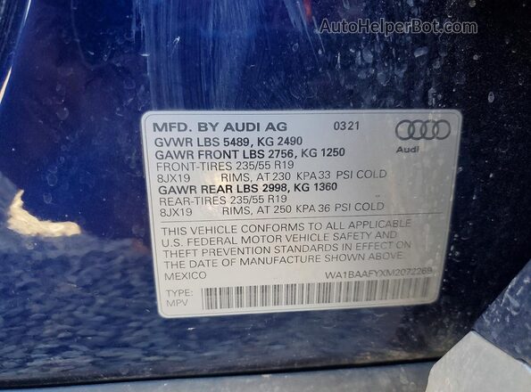 WA1BAAFYXM2072269 2021 AUDI Q5 Blue VIN կոդի պիտակի տեսք