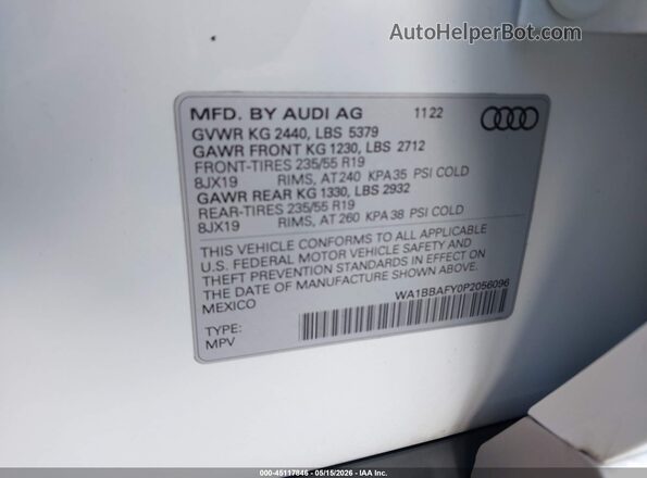 WA1BBAFY0P2056096 2023 AUDI Q5 White 