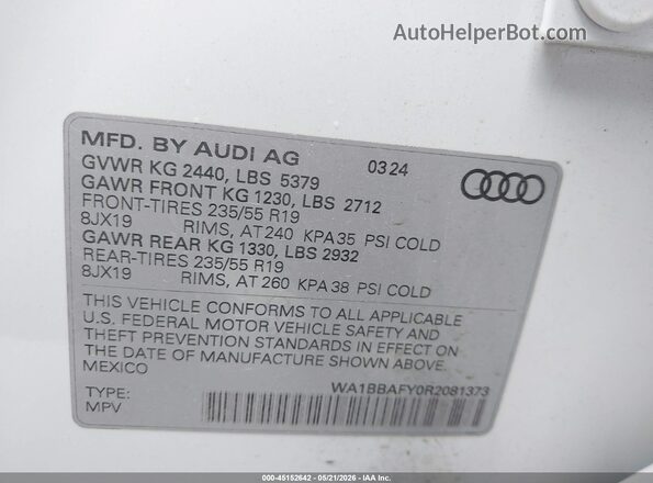 WA1BBAFY0R2081373 2024 AUDI Q5 Белый Вид подкапотного пространства