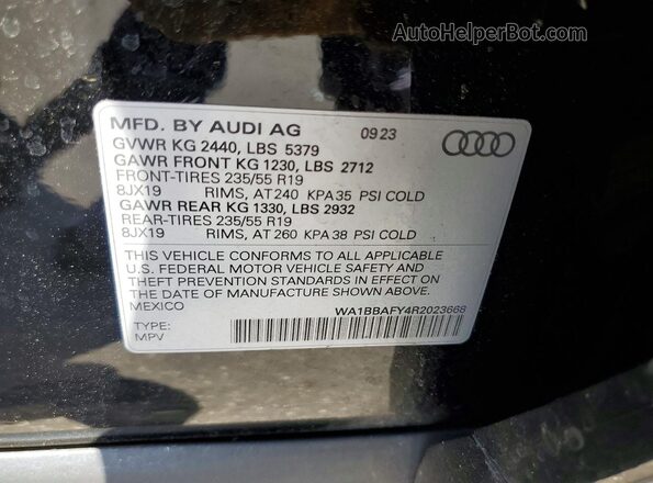 WA1BBAFY4R2023668 2024 AUDI Q5 Black VIN კოდის სტიკერის ხედი