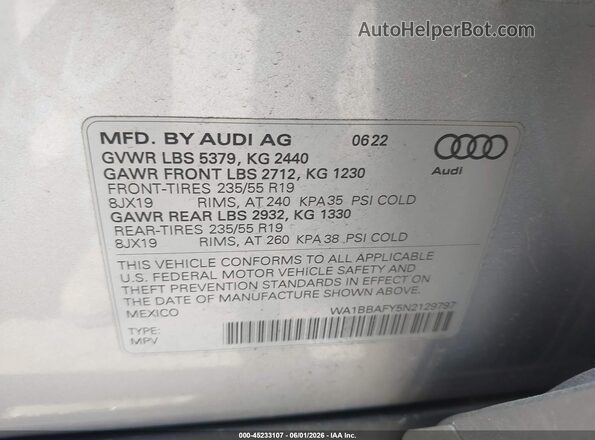 WA1BBAFY5N2129797 2022 AUDI Q5 Silver Engine compartment view