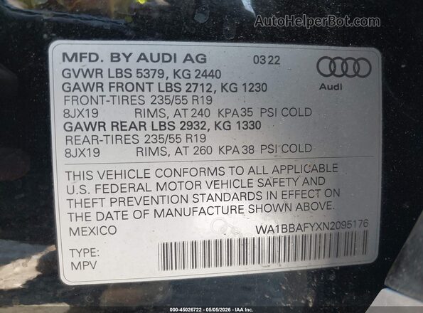 WA1BBAFYXN2095176 2022 AUDI Q5 Black 