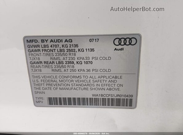 WA1BCCFS1JR010439 2018 AUDI Q3 White 
