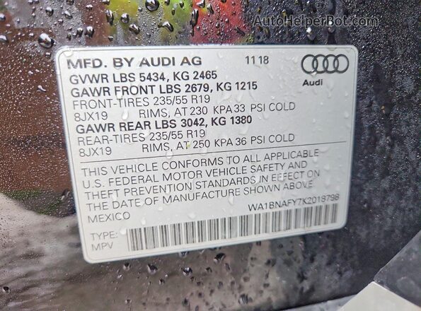 WA1BNAFY7K2018798 2019 AUDI Q5 Black Вид наклейки з VIN-кодом