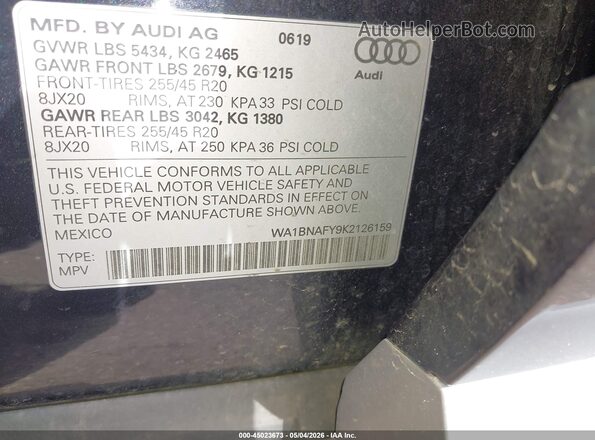 WA1BNAFY9K2126159 2019 AUDI Q5 Dark Blue ძრავის განყოფილების ხედი