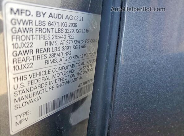 WA1BVAF11MD031606 2021 AUDI Q8 Gray Вид наклейки з VIN-кодом