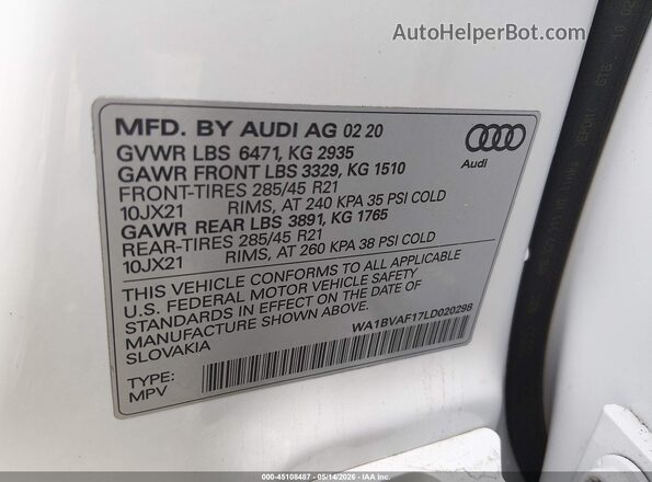 WA1BVAF17LD020298 2020 AUDI Q8 Белый Вид подкапотного пространства