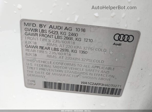 WA1C2AFP3HA070271 2017 AUDI Q5 White Vista del compartimento del motor