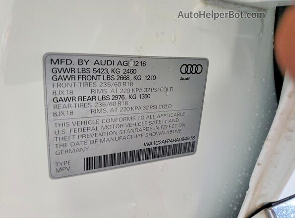 WA1C2AFP4HA094918 2017 AUDI Q5 White VIN կոդի պիտակի տեսք