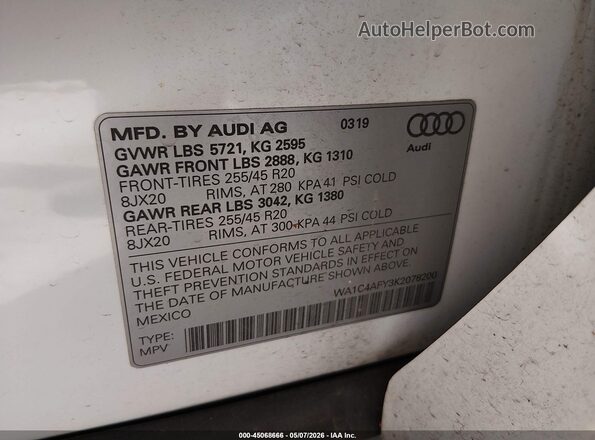 WA1C4AFY3K2078200 2019 AUDI SQ5 White Вид підкапотного простору