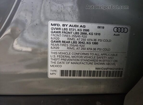 WA1C4AFY8K2131814 2019 AUDI SQ5 Gray VIN კოდის სტიკერის ხედი
