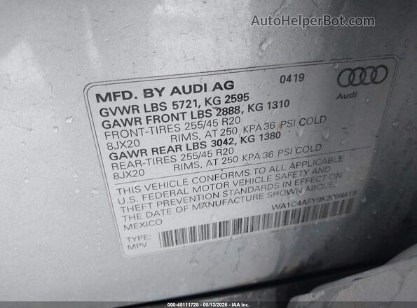 WA1C4AFY9K2098418 2019 AUDI SQ5 Silver Շարժիչի բաժամունքի տեսք