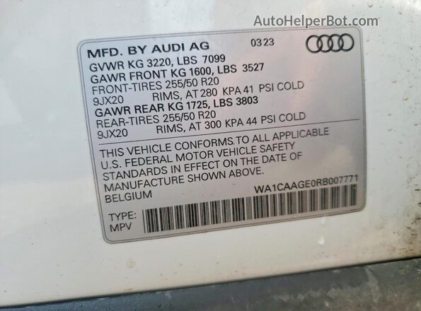 WA1CAAGE0RB007771 2024 AUDI Q8 White Widok naklejki z numerem VIN