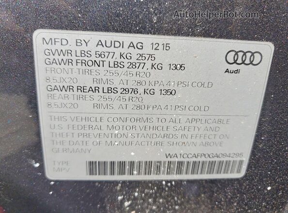 WA1CCAFP0GA094295 2016 AUDI SQ5 Gray ძრავის განყოფილების ხედი