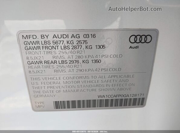 WA1CCAFP0GA128171 2016 AUDI SQ5 White Вид підкапотного простору