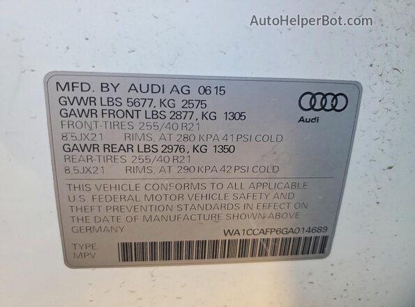 WA1CCAFP6GA014689 2016 AUDI SQ5 White Vista del compartimento del motor
