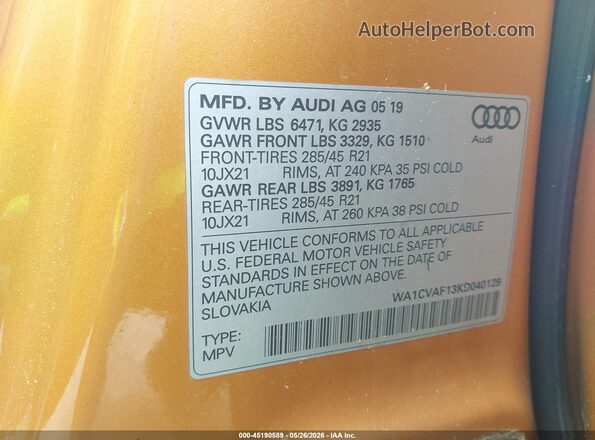 WA1CVAF13KD040129 2019 AUDI Q8 Оранжевый 