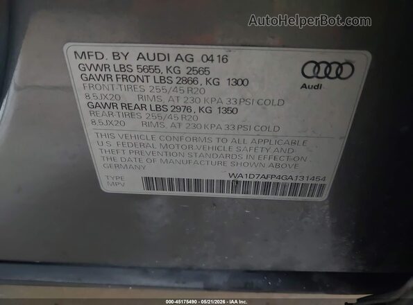WA1D7AFP4GA131454 2016 AUDI Q5 Gray Vista del compartimento del motor