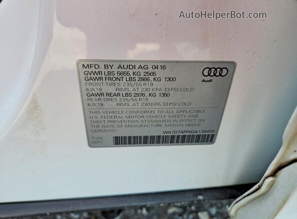 WA1D7AFP6GA136459 2016 AUDI Q5 White Vista de la etiqueta del VIN