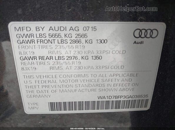 WA1D7BFP3GA036535 2016 AUDI Q5 Gray Engine compartment view