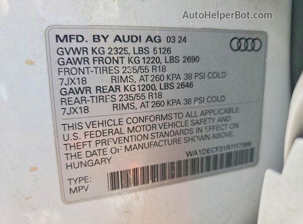 WA1DECF31R1117366 2024 AUDI Q3 White VIN կոդի պիտակի տեսք