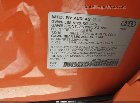 WA1DECF33N1149259 2022 AUDI Q3 Orange Շարժիչի բաժամունքի տեսք