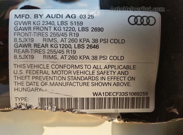 WA1DECF33S1069259 2025 AUDI Q3 Черный Вид наклейки с VIN-кодом