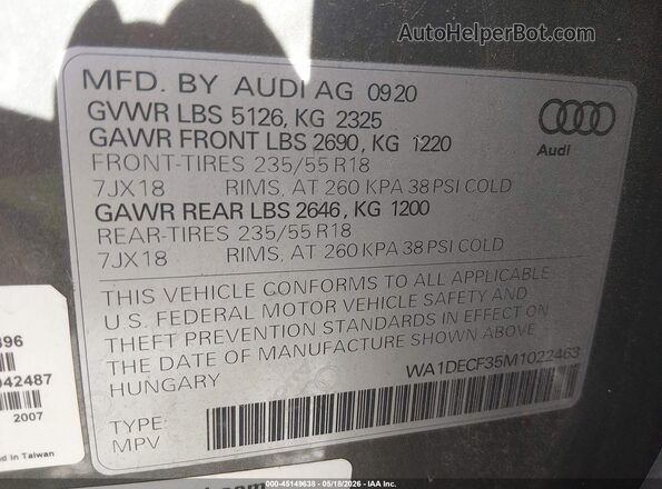 WA1DECF35M1022463 2021 AUDI Q3 Gray 