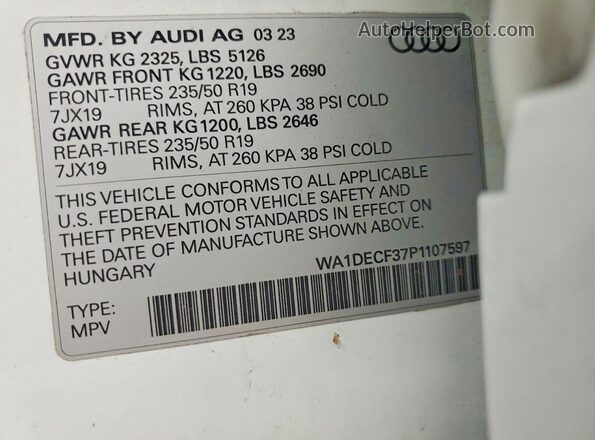 WA1DECF37P1107597 2023 AUDI Q3 White VIN կոդի պիտակի տեսք