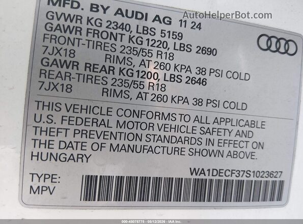 WA1DECF37S1023627 2025 AUDI Q3 White Widok komory silnika