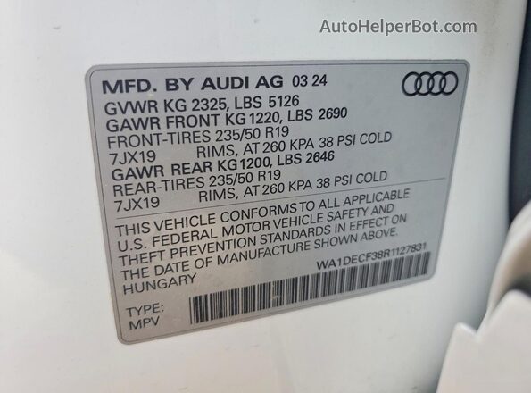WA1DECF38R1127831 2024 AUDI Q3 White VIN კოდის სტიკერის ხედი