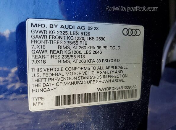 WA1DEDF34R1039560 2024 AUDI Q3 Blue Вид наклейки з VIN-кодом