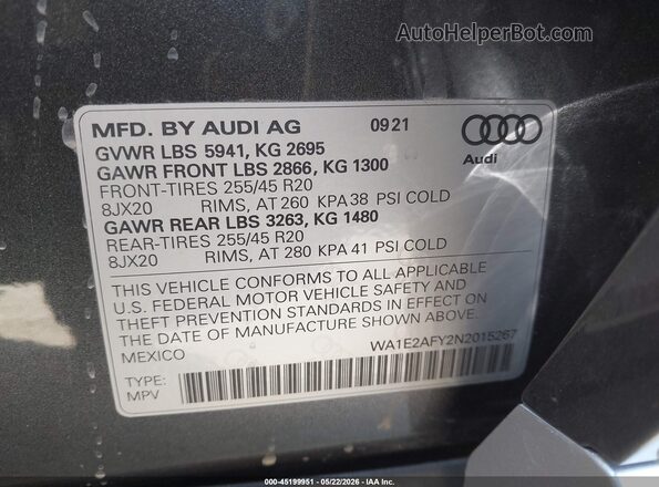 WA1E2AFY2N2015267 2022 AUDI Q5 Gray ძრავის განყოფილების ხედი