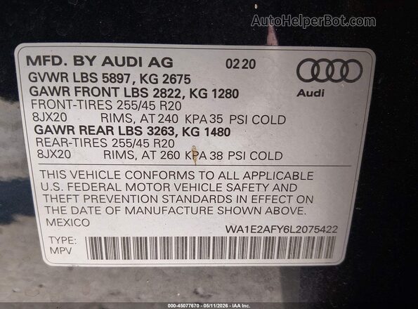 WA1E2AFY6L2075422 2020 AUDI Q5 Черный Вид подкапотного пространства